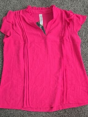 Women's Hot Pink Ruffle Cap-Sleeve Blouse